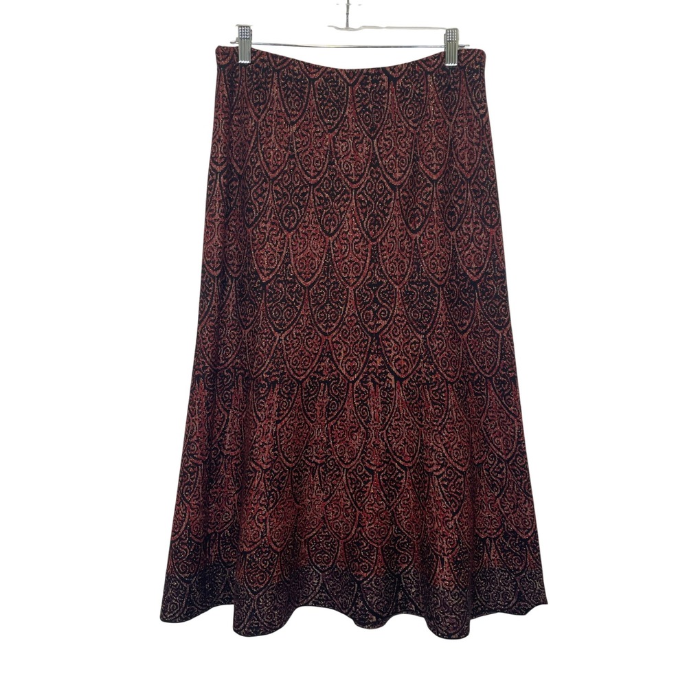 Peruvian Connection Knit Skirt Midi Red Black Gold Metallic Jacquard Medallion M